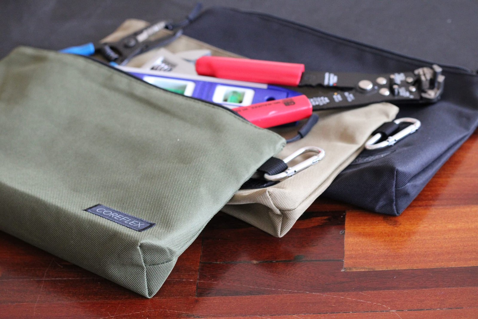 COREFLEX Premium Tool Pouch Zipper Bag, 3 pack Large 12inch Khaki, Silver