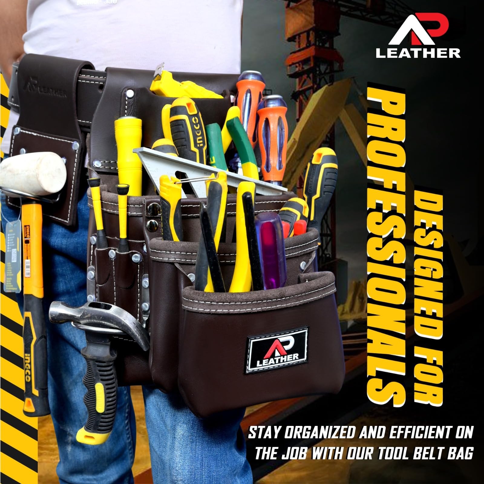 -015 Leather Tool pouch For Construction,Heavy Duty Hammer Holder,Buckle,3 Po…