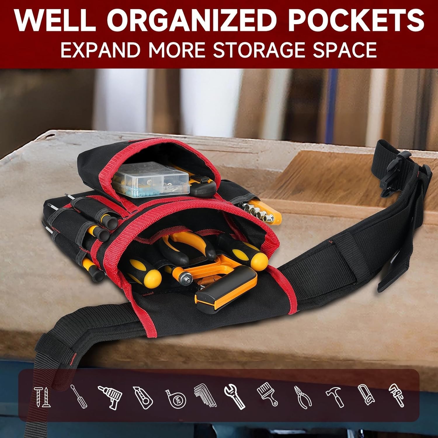 27-Pocket Heavy-Duty Adjustable Tool Belt with Magnetic Pouches in Red & Black