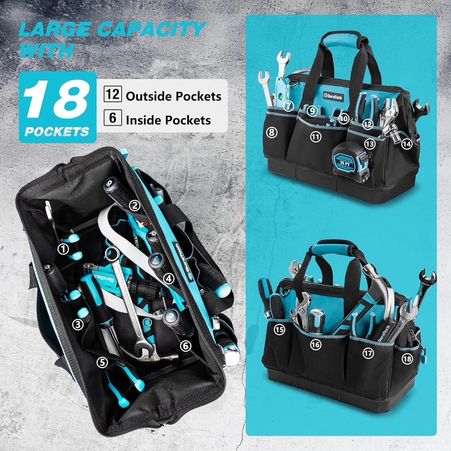 DURATECH 16-Inch Heavy Duty Tool Bag with Waterproof Hard Bottom with 18 Pockets