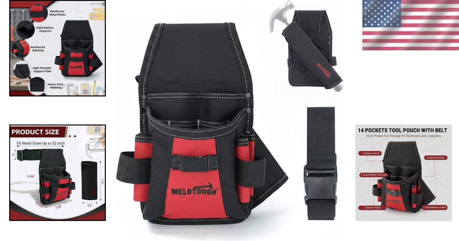 Professional 14-Pocket Electrician Tool Belt Pouch with Detachable Hammer Loop