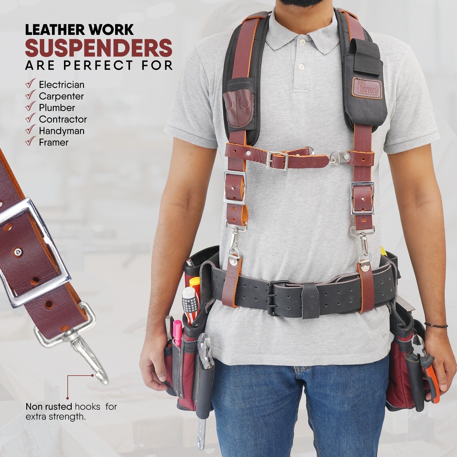 Trutuch Maroon Leather Tool Belt with Suspender | Framers Tool Bag | Tool Belt