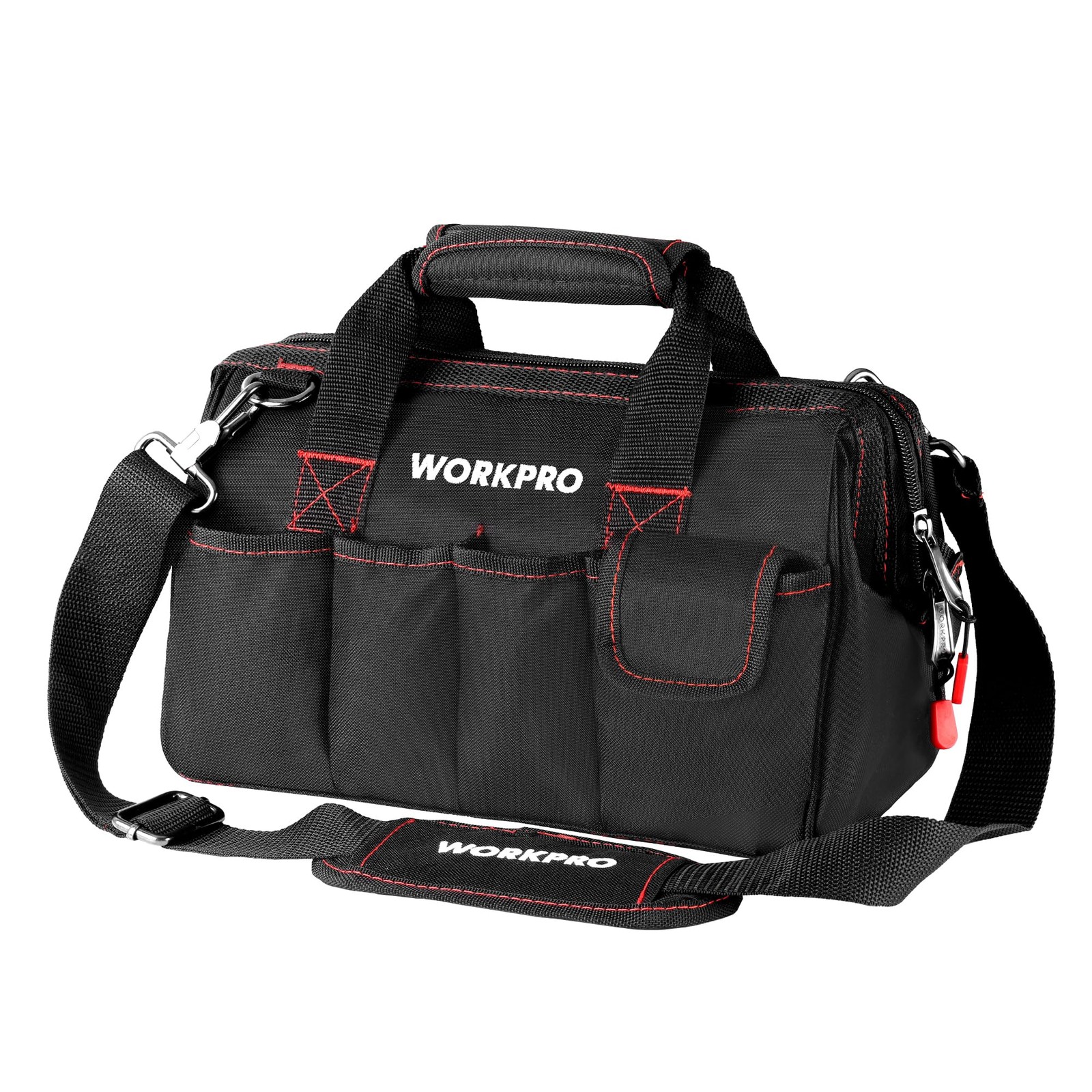 Workpro 12-inch Close Top Wide Mouth Storage Tool Bag, 12 inches, Black&Red
