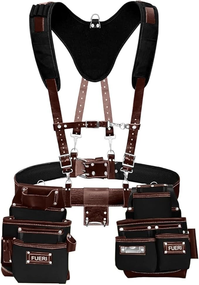 FUERI Tool Belt with Suspenders Heavy Duty Bags Pouches for Men Construction