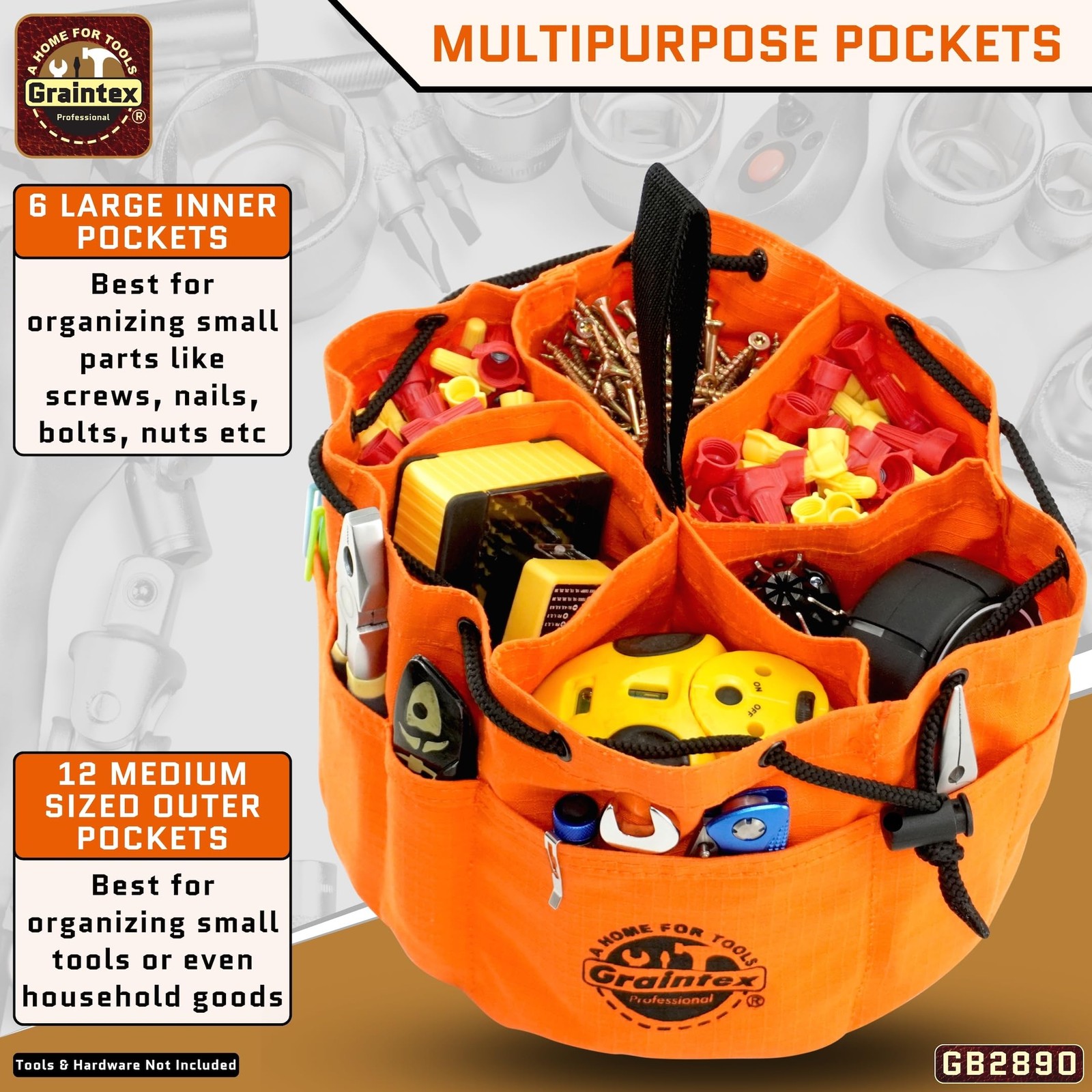 Durable Small Orange Tool Bag with Multiple Pockets and Drawstring Closure