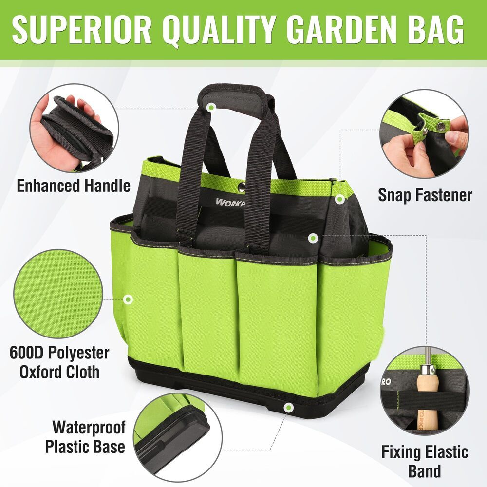 WORKPRO 8 Pockets Garden Tool Bag Waterproof Plastic Base for Indoor and Outdoor