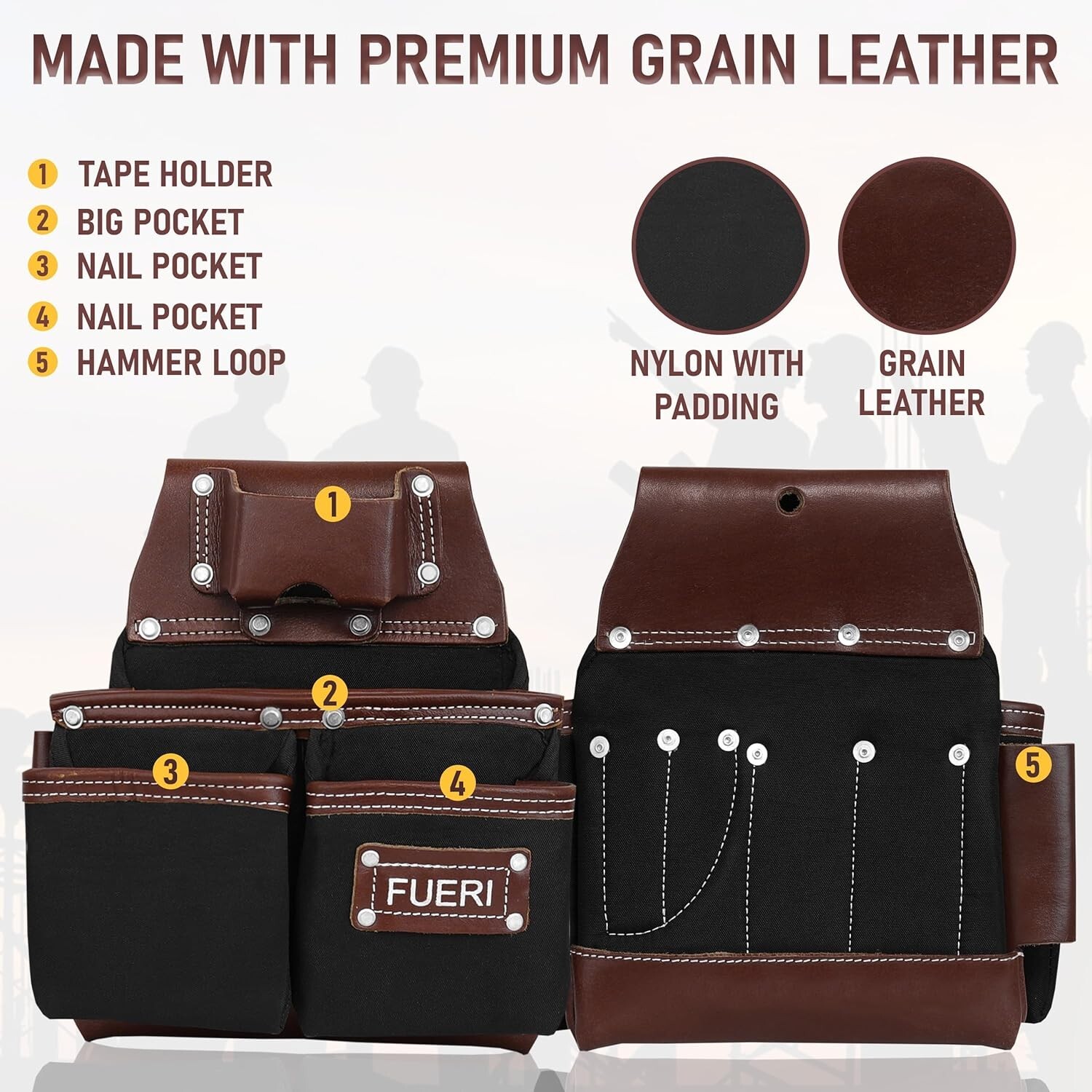 19 Pocket Professional Tool Bag, Electricians Workwear Grain Leather Tool Belt