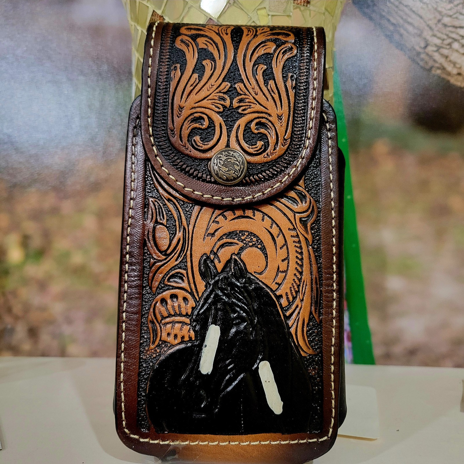 Horse Western Leather Phone Holstor LARGE 7×3.75 ” Handcrafted in Mexico Snap