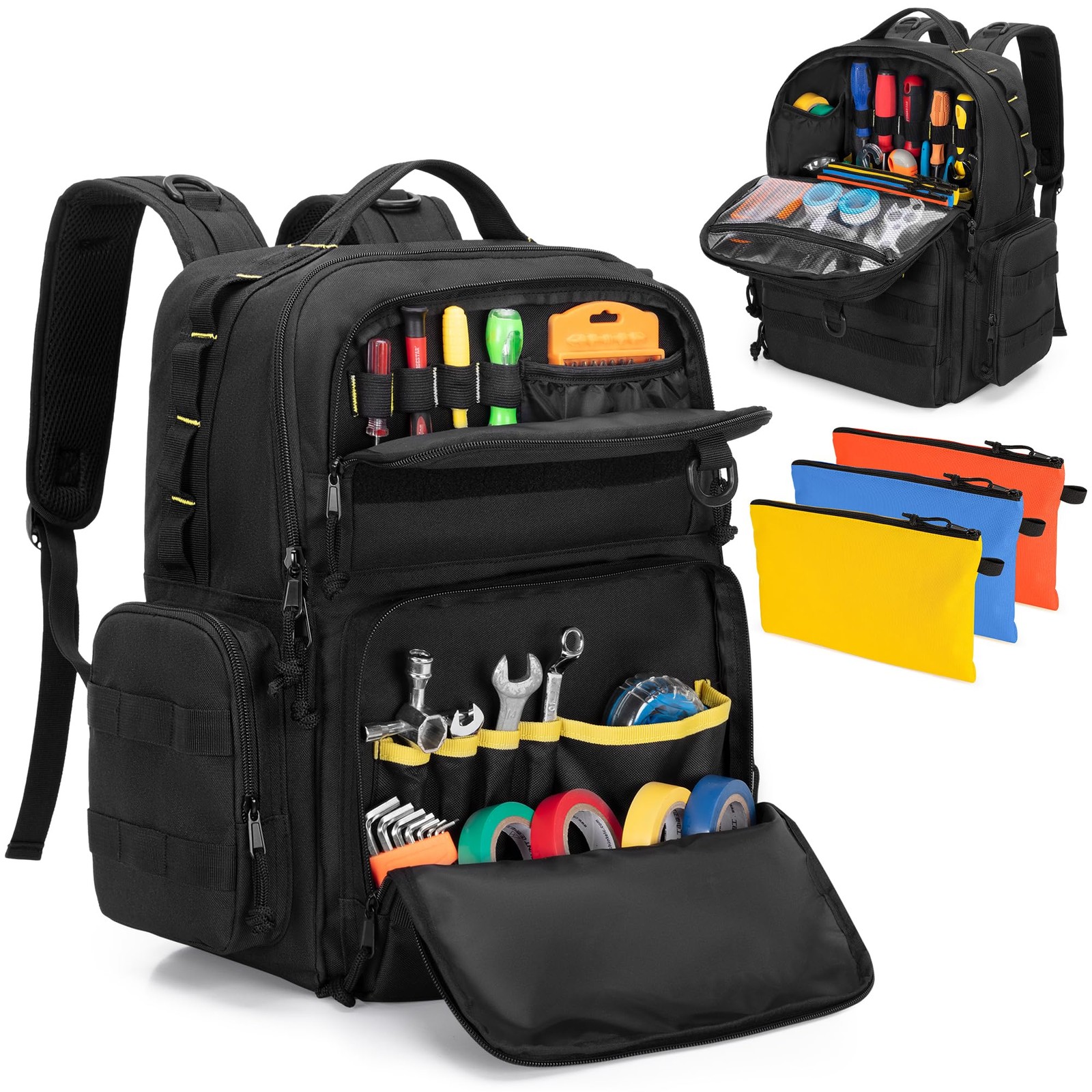 Rexmica Heavy-Duty Tool Bag Backpack with 3 Tool Pouches, Black