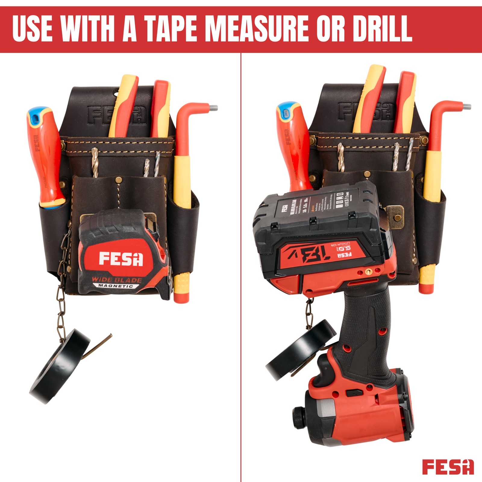 Small Electrician Tool Pouch Leather 7in1 Tape Measure Drill Clip Belt
