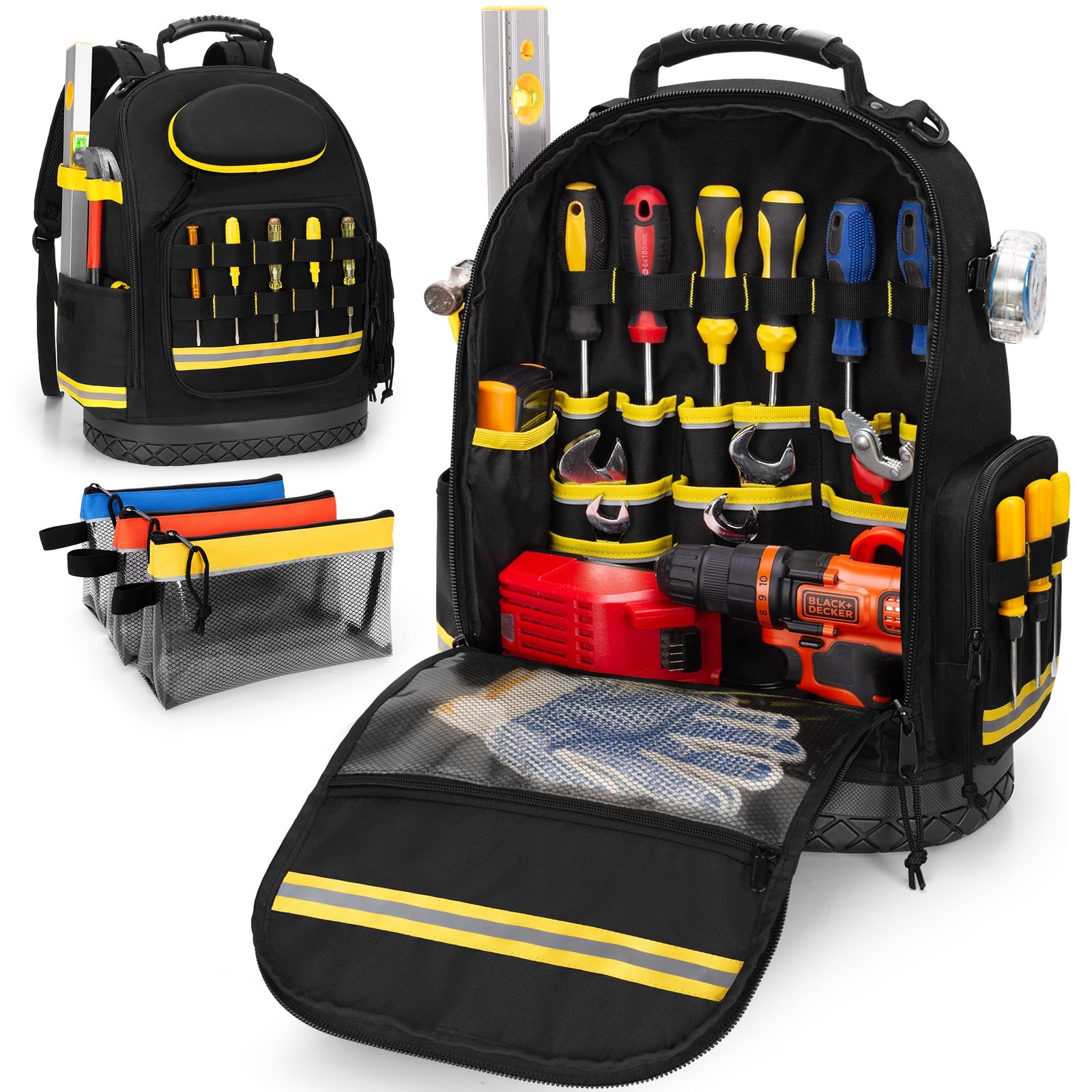 Tool Backpack with Hard Bottom and 3 Pouches, Heavy Duty Tool Organizer Bag f