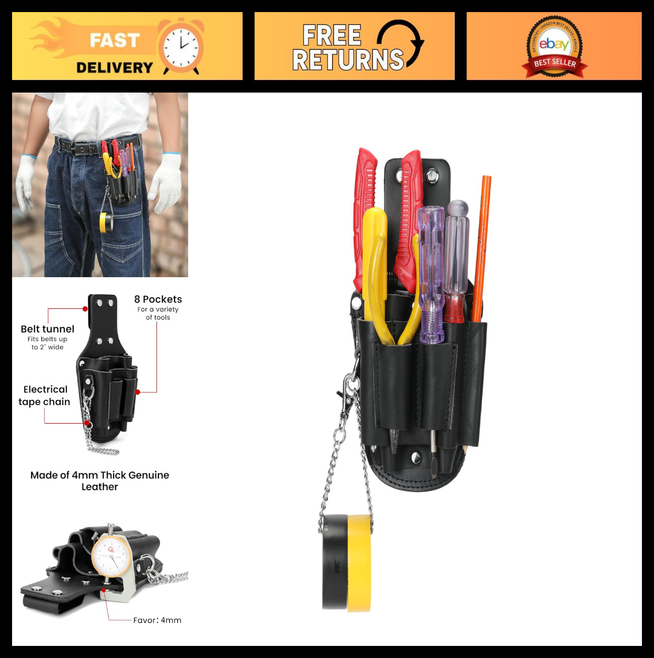 Genuine Leather Small Tool Pouch – 7 Pockets, Metal Tape Chain, Quick Access, Du