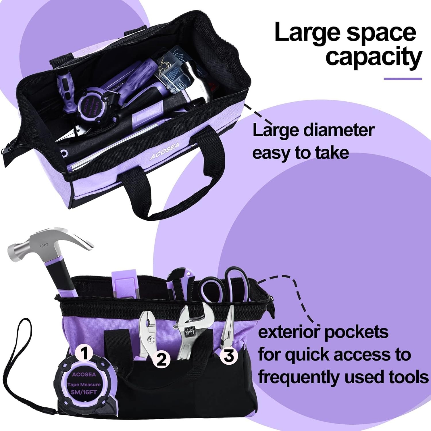 Portable Purple Tool Bag – 13″ Organizer with Padded Handle & 12 Storage Pockets