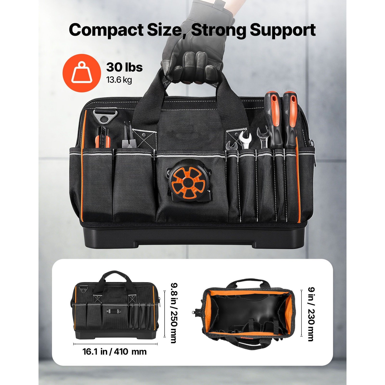 16in Heavy Duty Tool Bag 33 Pockets 50lb Capacity Waterproof Base