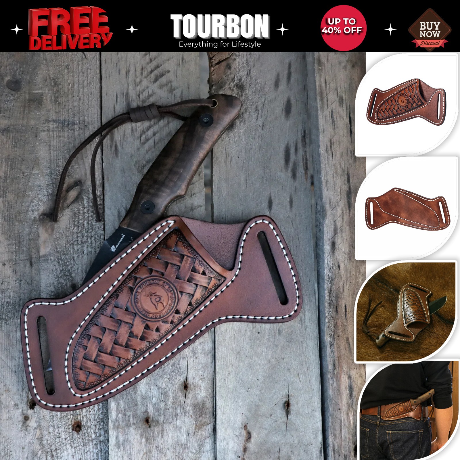 TOURBON Leather Fixed Blade Knife Sheath Belt Pouch EDC Knives Case Camping
