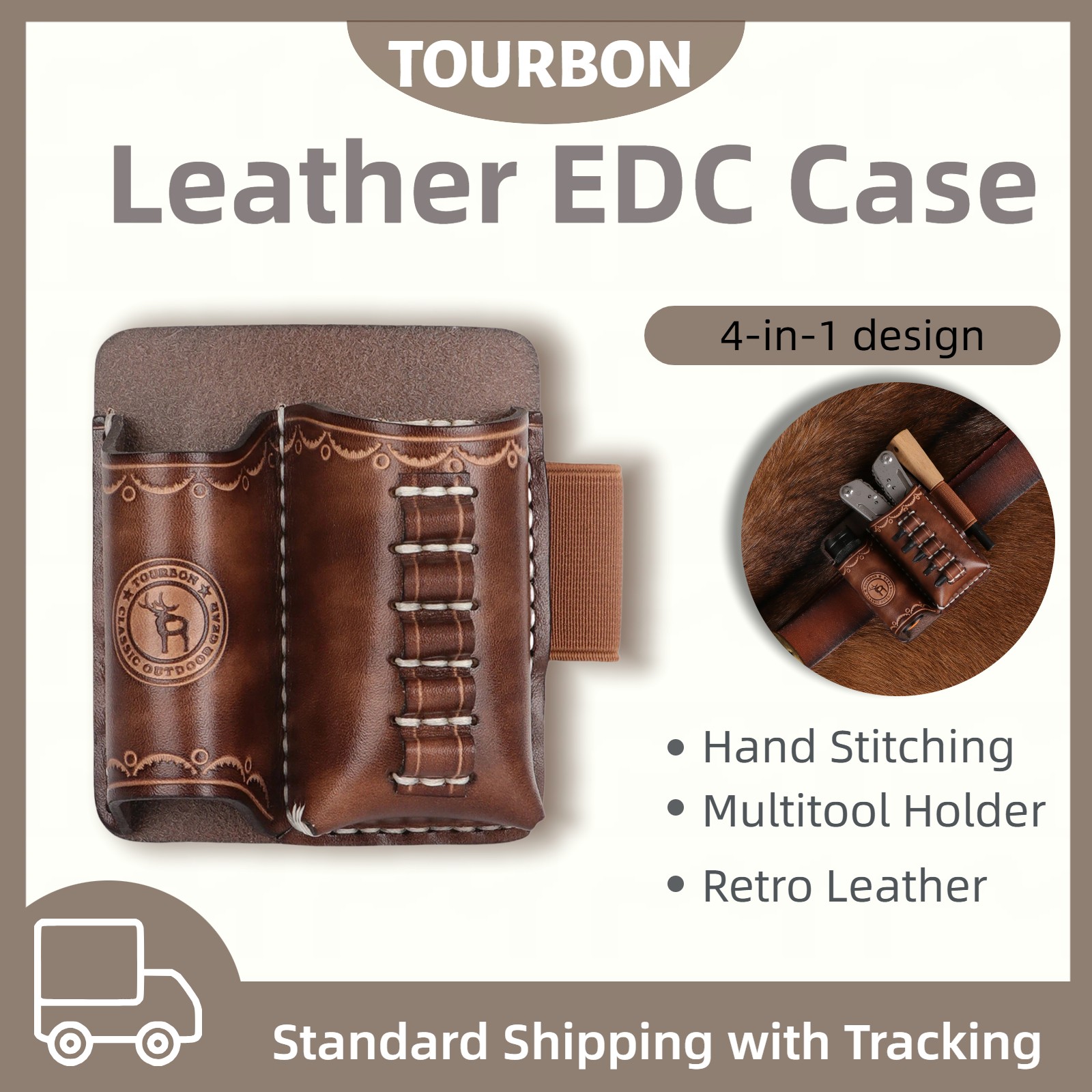 TOURBON Leather 4-in-1 Tools Belt Holder EDC/Flashlight/Bits Adapte