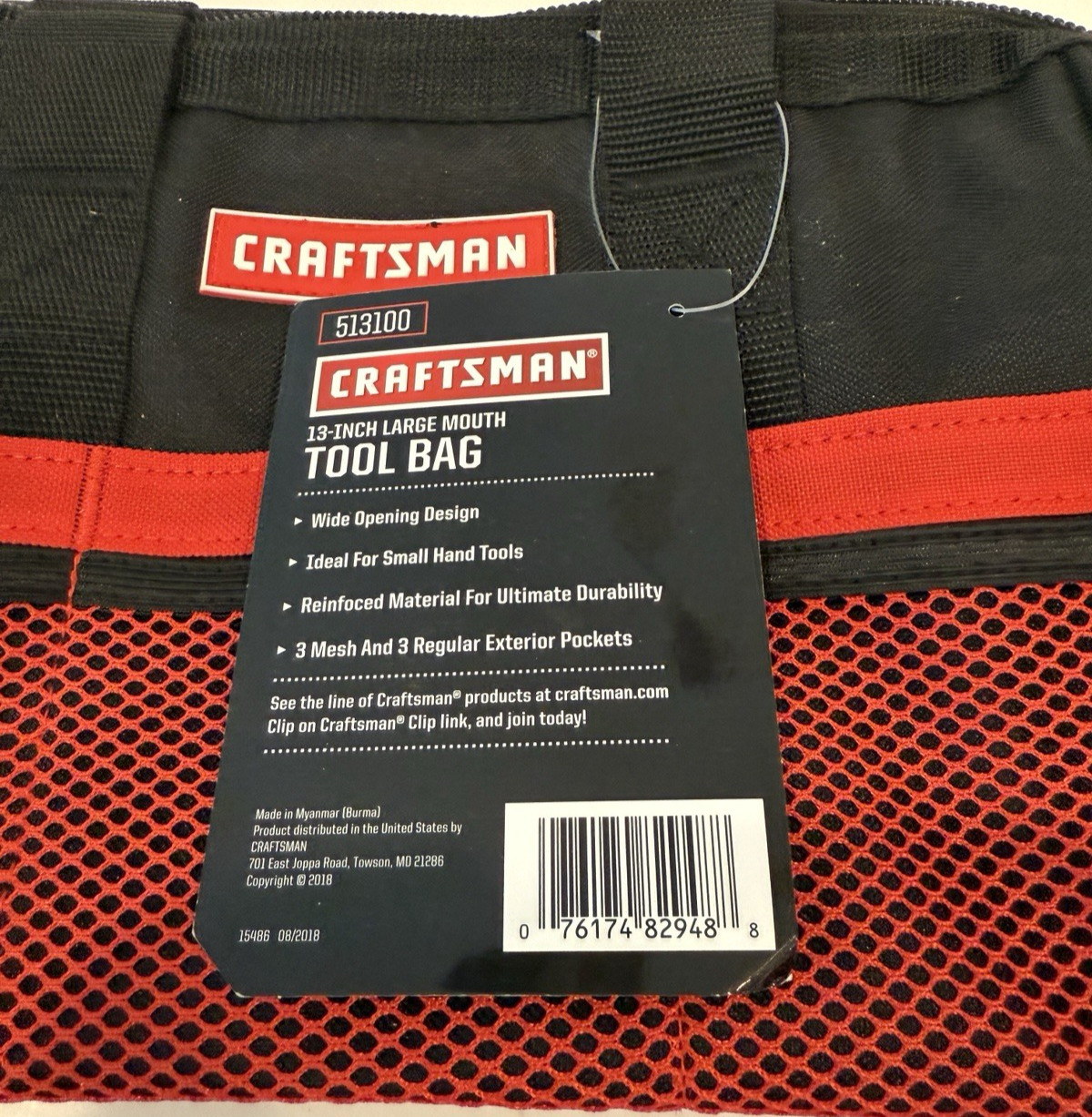 Craftsman 13 in. W X 9.75 in. H Wide Mouth Tool Bag 6 pocket Black/Red NEW