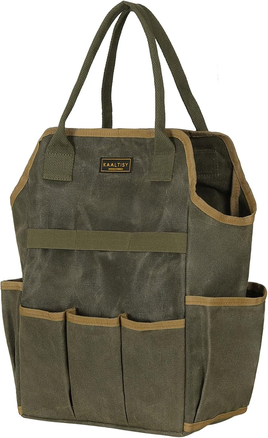 Tool Bag, Heavy Duty 16oz Waxed Canvas Garden Tool Tote – with 3 Inner Slots & 8
