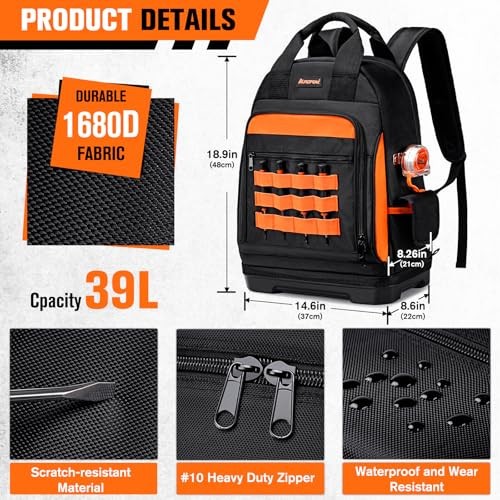 AUROPEAK, 77 Pkt, Heavy Duty, 1680D, Water Resistant Technician Tool Backpack