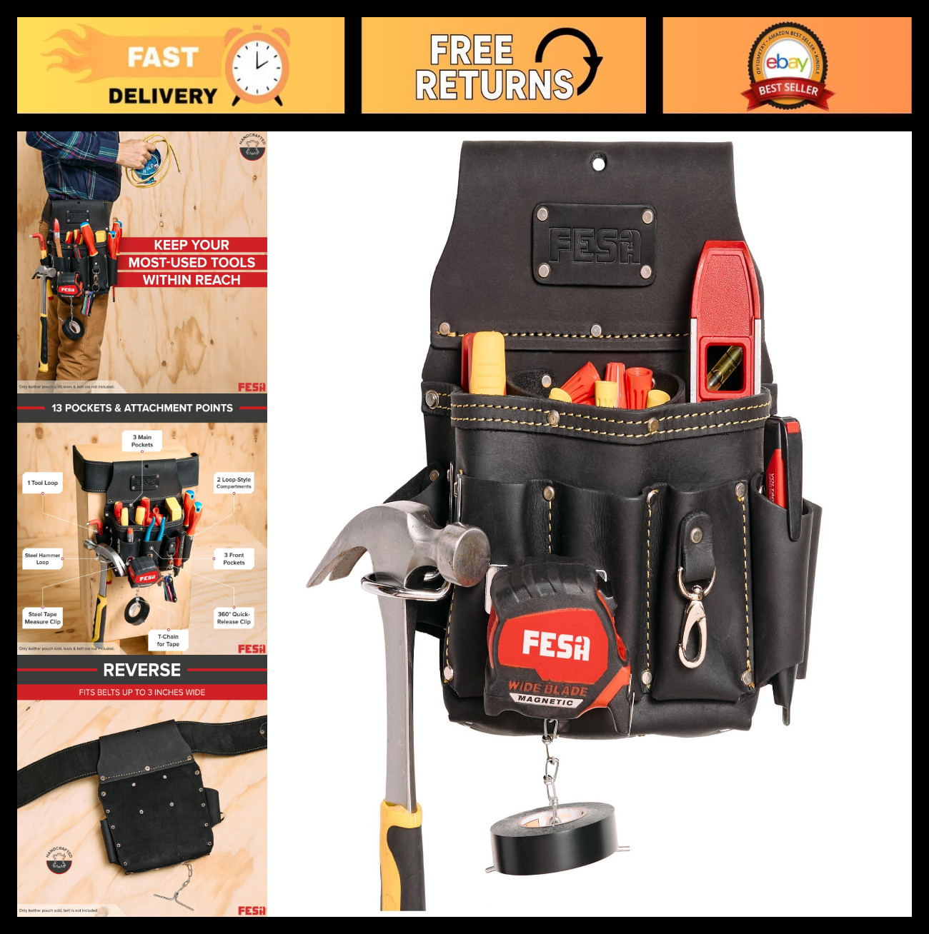 13-in-1 Leather Electrician Tool Pouch w/Hammer Loop, Tape Measure Clip & 6 Pock