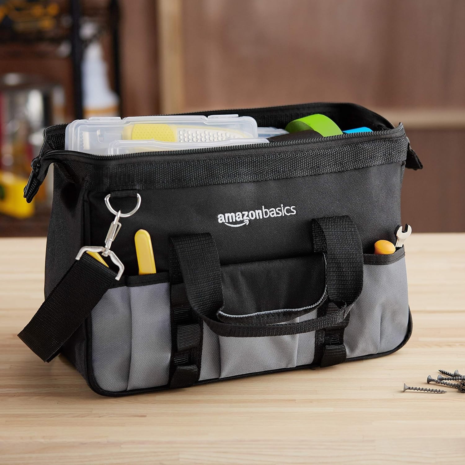 Compact Tool Organizer with 16 Pockets and Adjustable Strap – 12in Black/Gray
