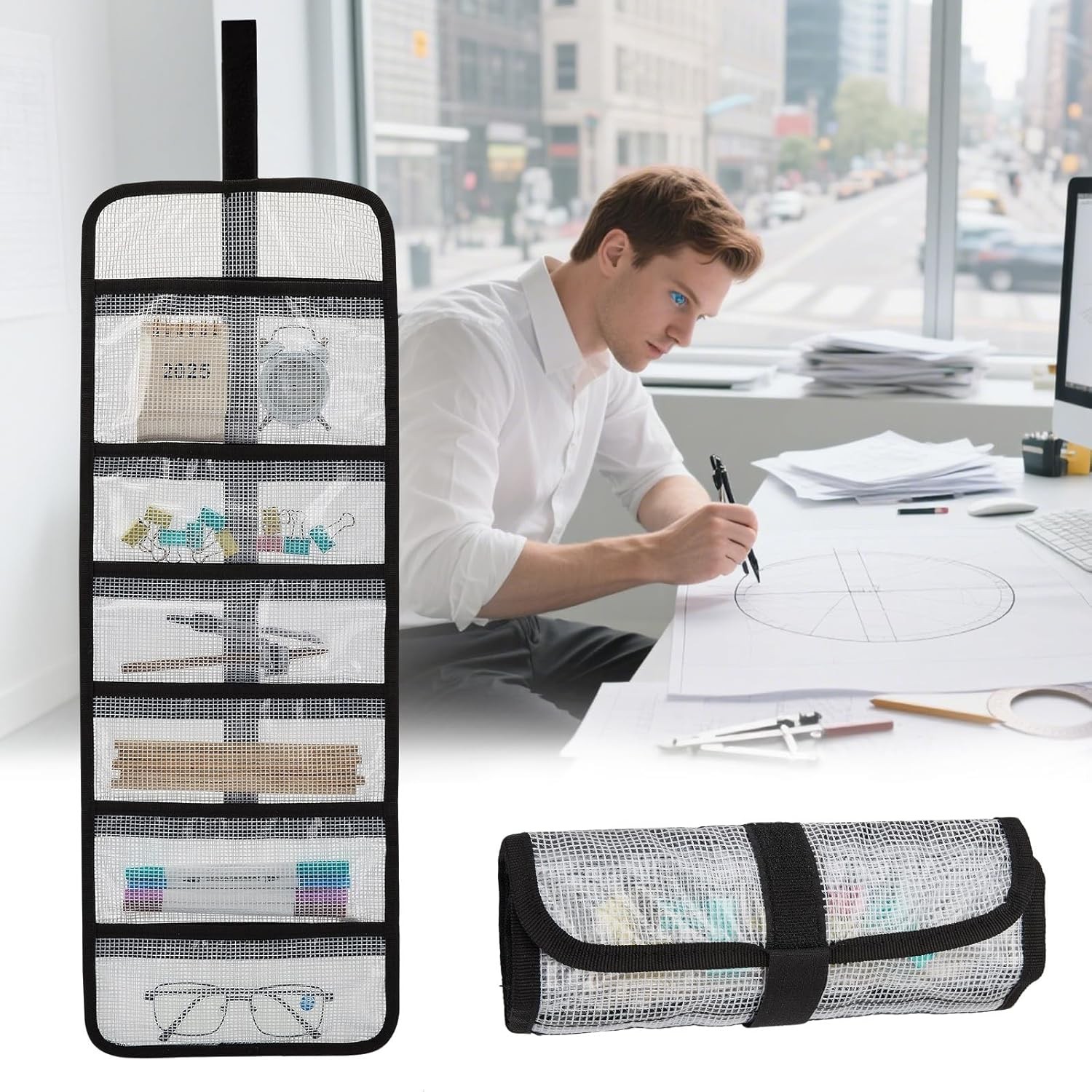 Small Roll Up Tool Storage Bag 6 Pocket Organizer Transparent Travel