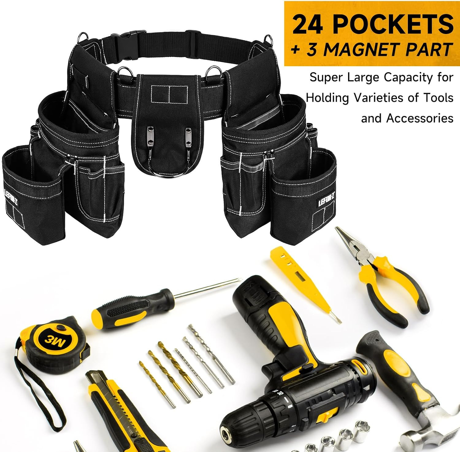 Tool Belt with 4 D-Rings,27-Pockets Tool Belts for Men,Construction | Heavy Duty