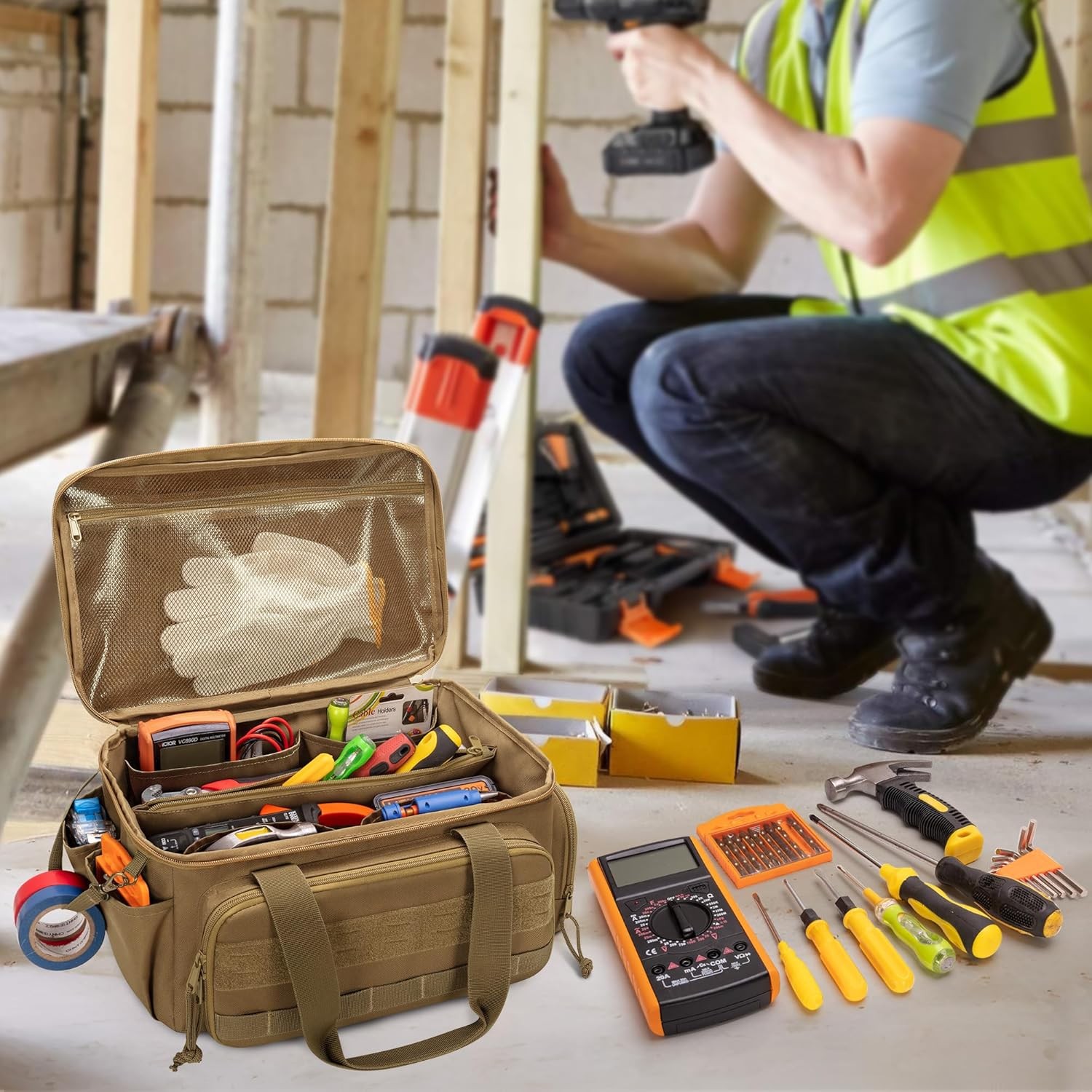 Tool Bag 14″ Hand Tool Organizer Tactical Range Bag Work Tote Repair Jobs Khaki