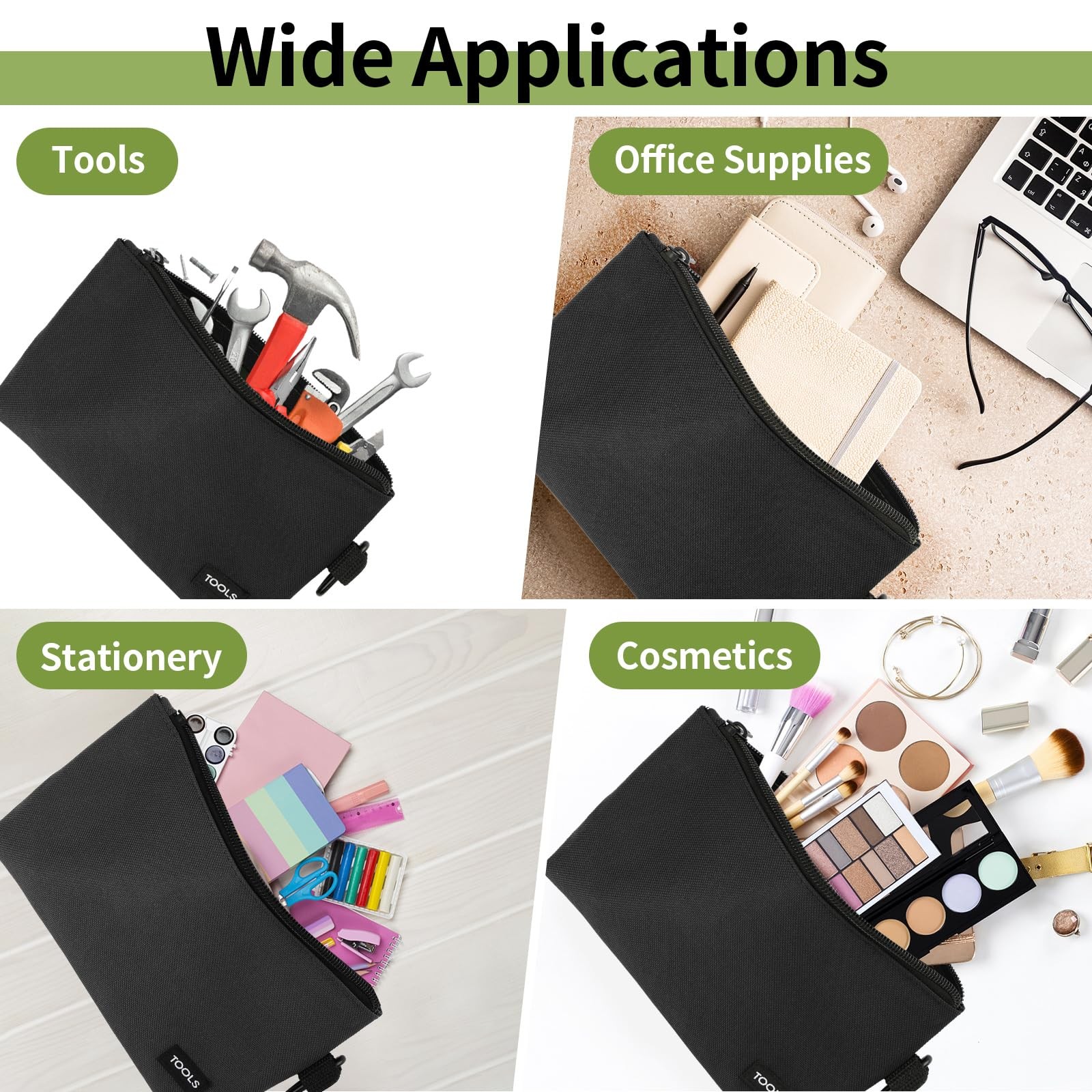 3 Pcs Zipper Tool Pouches, 12 Inch Flat Bottom Utility Bags with Carabiners