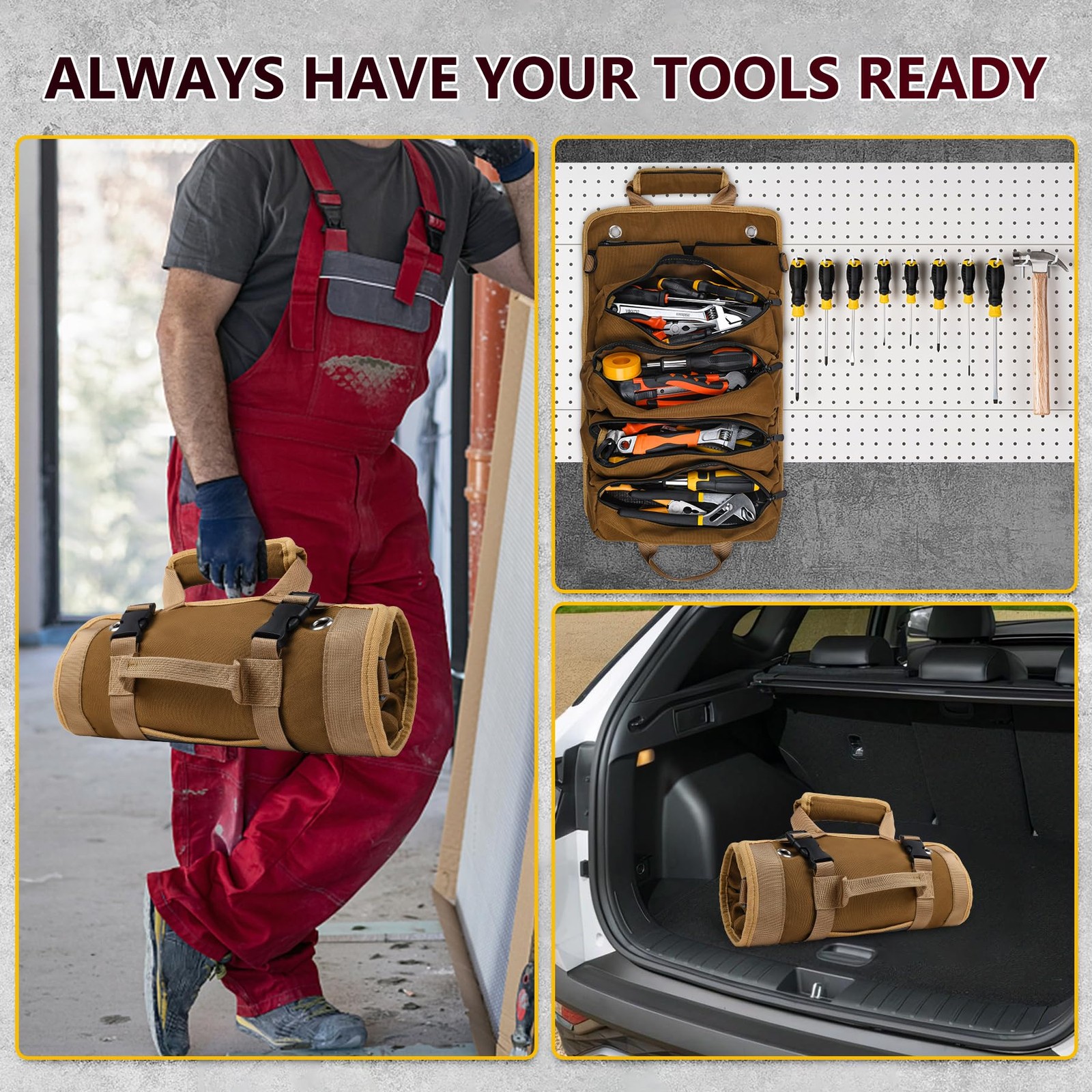 Tool Bag Heavy Duty Organizer Portable Roll Up Car Mechanic Electrician Khaki