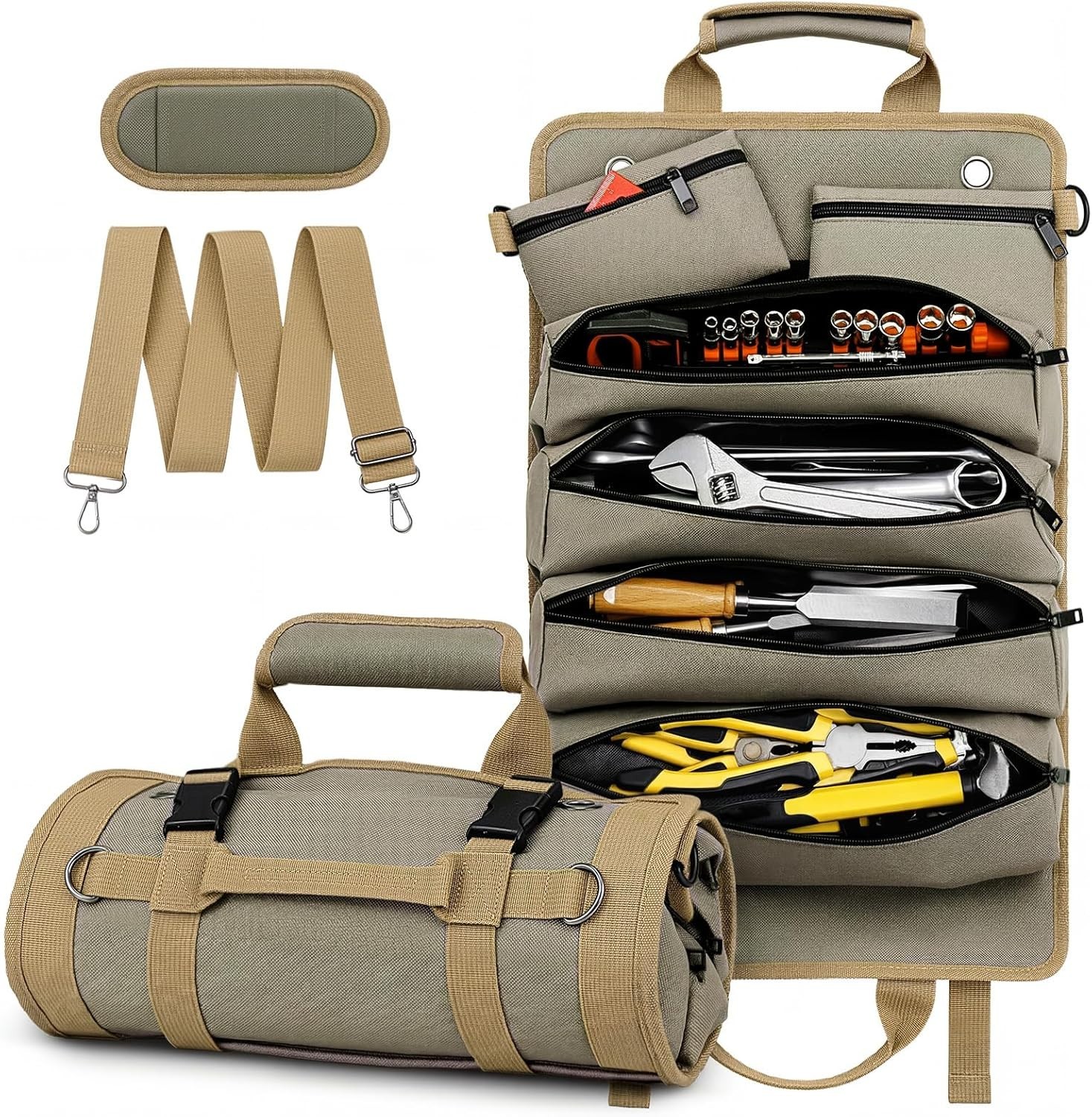Professional Tool Roll Organizer with Detachable Pouches, Large & Rugged 21.9”