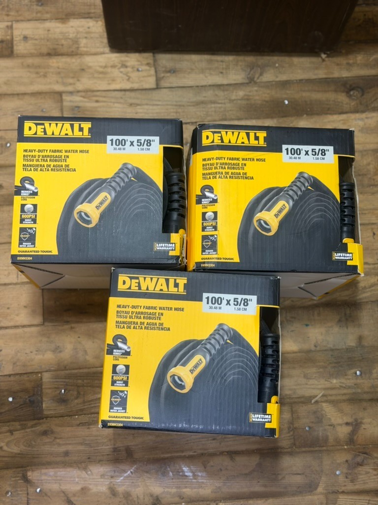 (3) DEWALT 100 ft x 5/8 in Heavy-Duty Fabric Garden Hose – DXMH3304