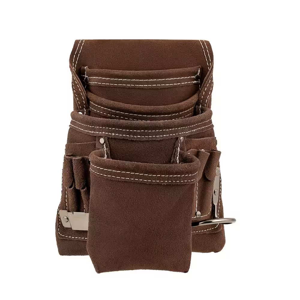 10 Pocket Suede Leather Work Tool Belt Pouch with Steel Hammer Loop and Tape Mea