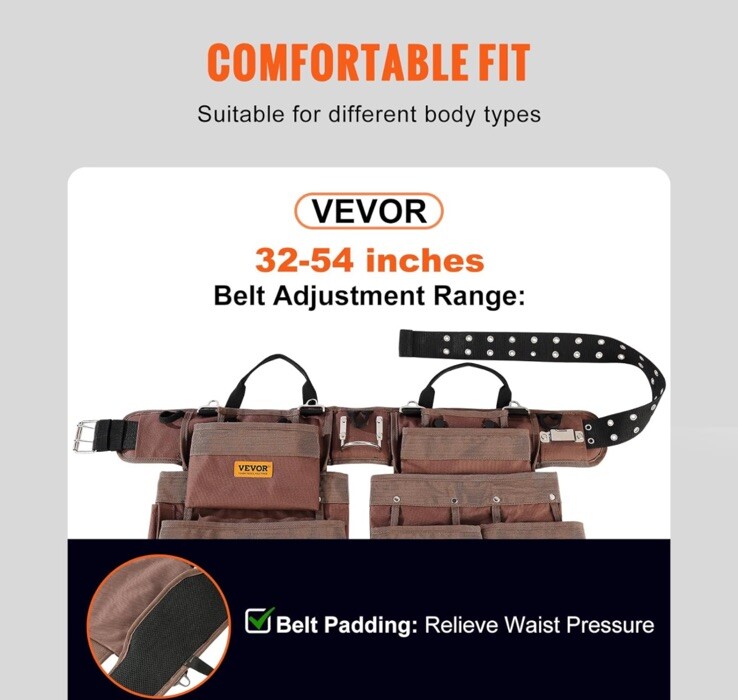 VEVOR 19 Pockets Tool Belt Pouch Bag Adjusts 32” to 54”Polyester Heavy Duty