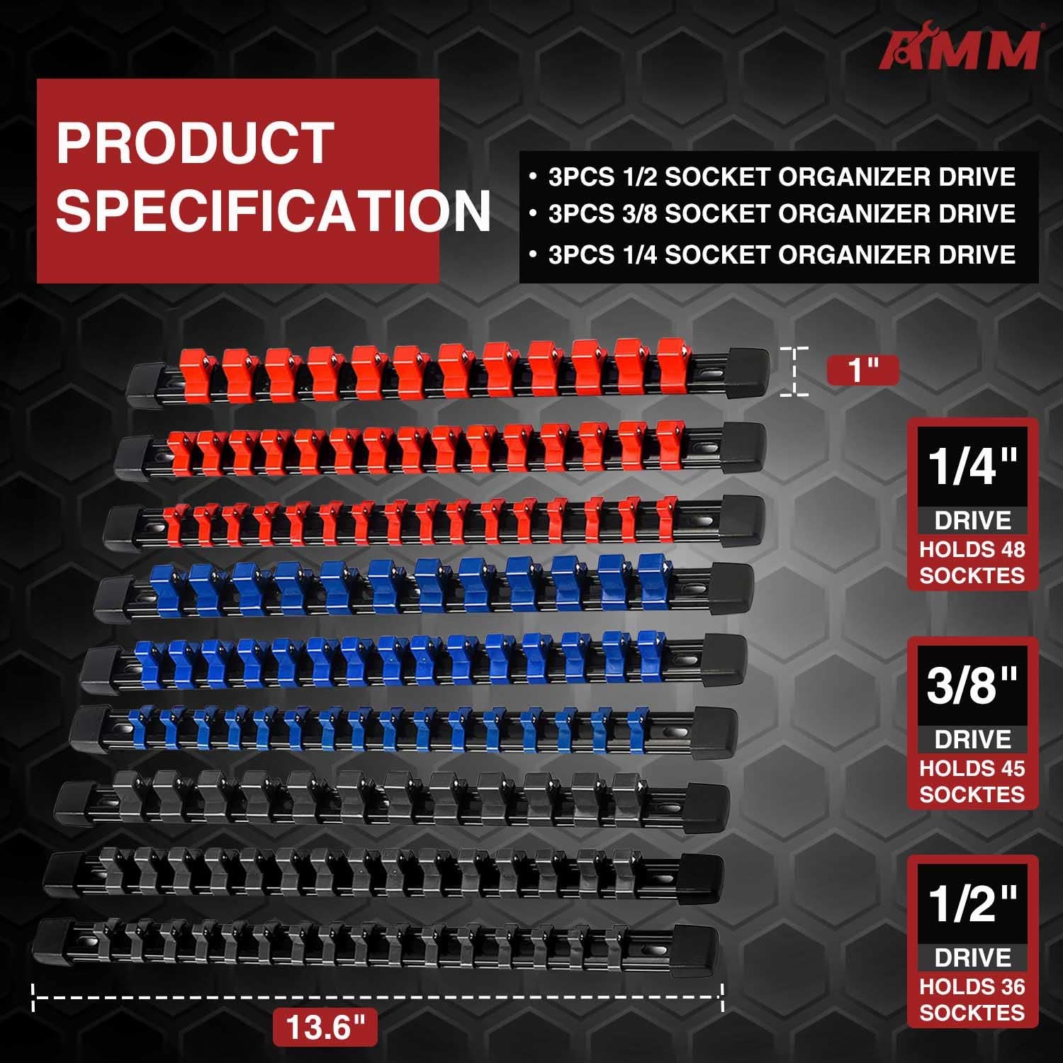 AMM 9-Piece Socket Organizer, 1/2 inch, 3/8 inch and 1/4 9PC, Colorful