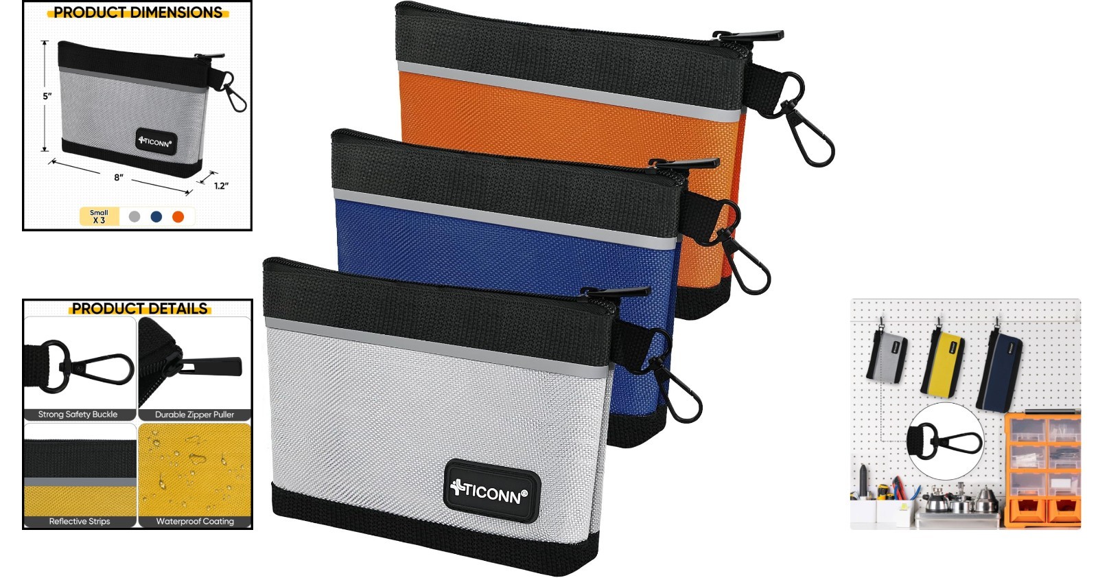 3 Pack Waterproof Small Tool Pouches with Zipper & Carabiner – 1680D Oxford, …