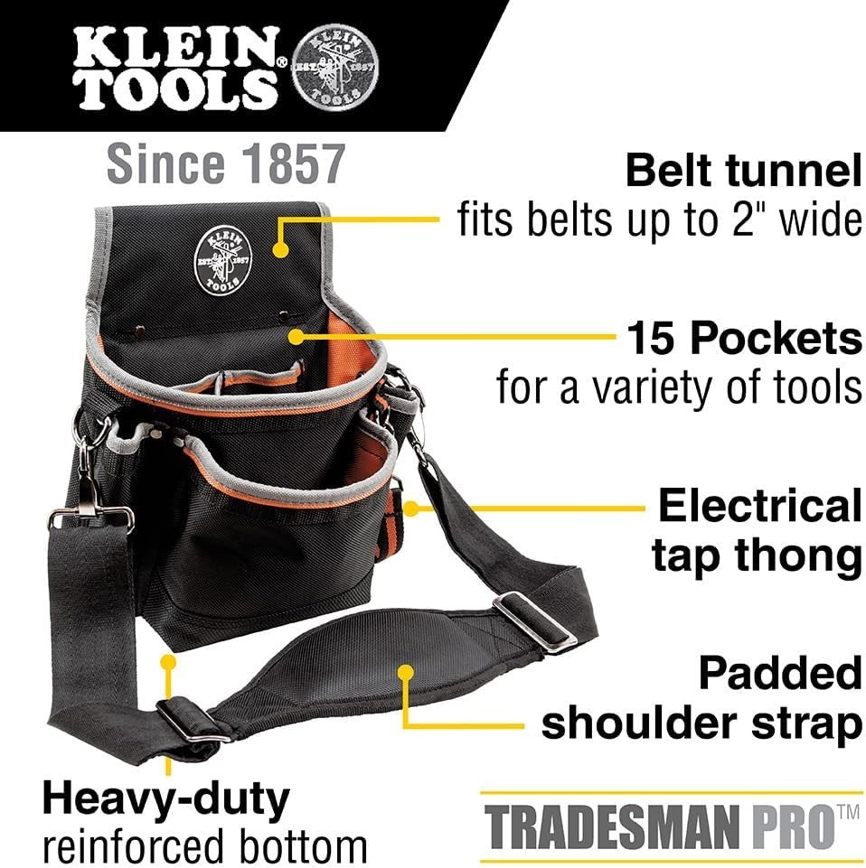Klein Tools 5243 Tradesman Pro 15-Pocket Pouch with Padded Strap and Tape Thong