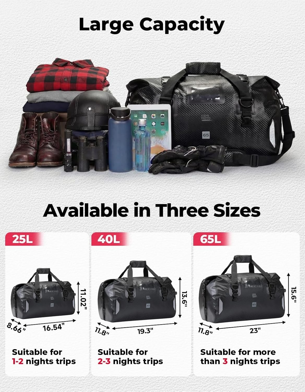Waterproof Motorcycle Dry Bag – Duffle Tail Bag Soft Luggage, 25L/40L/65L Large