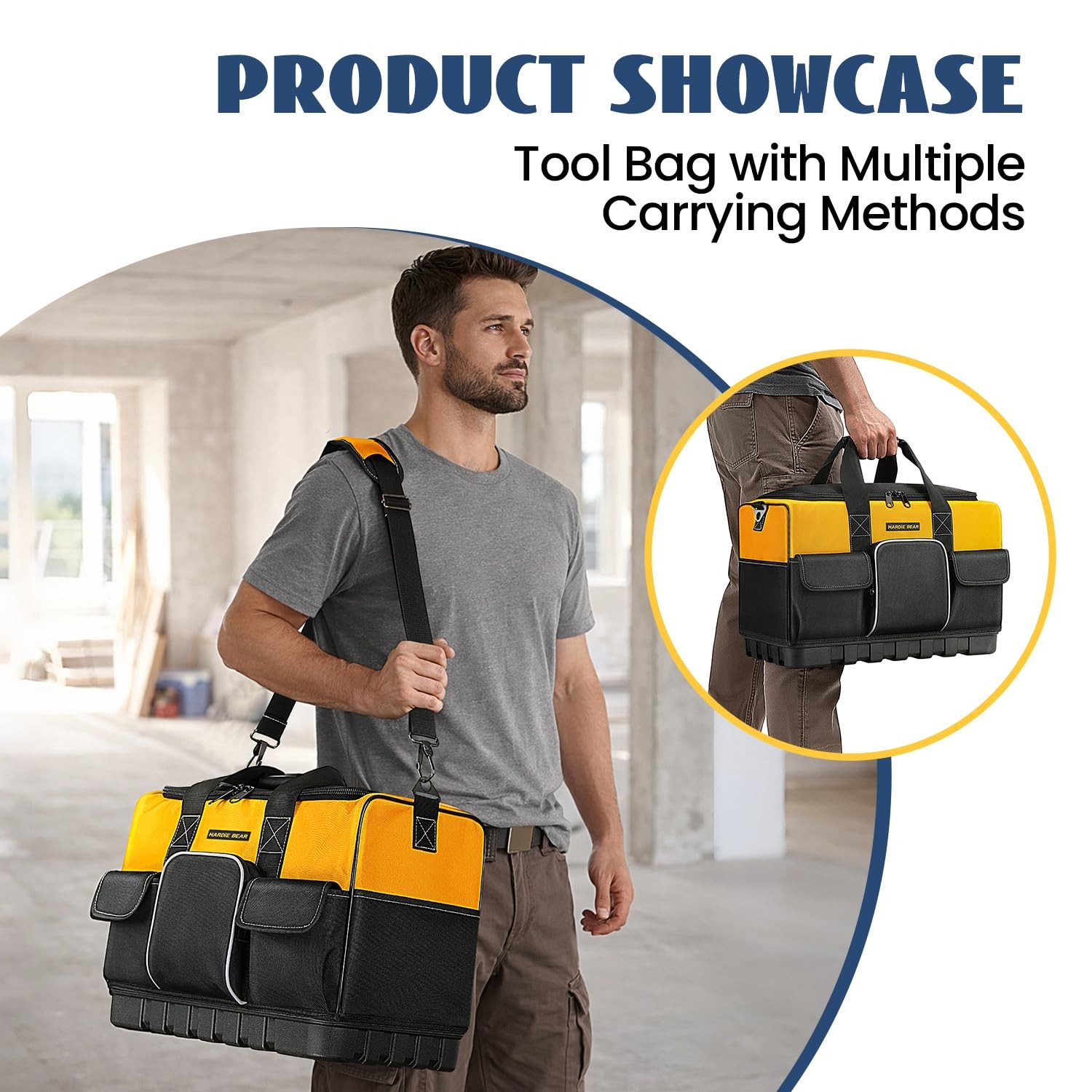 20 Inch Tool Bag Yellow Black Organizer 17 Pockets Wide Mouth Reinforced Base
