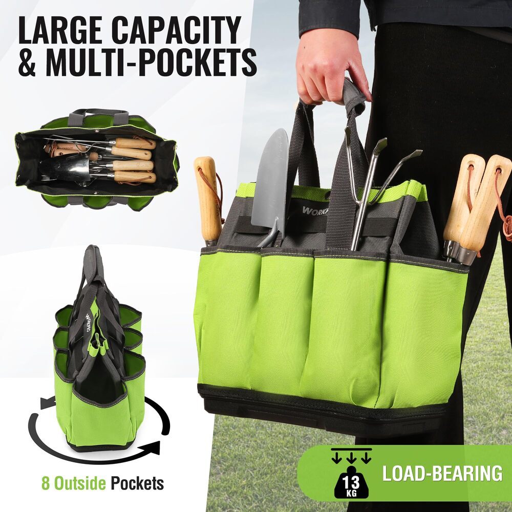 WORKPRO 8 Pockets Garden Tool Bag Waterproof Plastic Base for Indoor and Outdoor