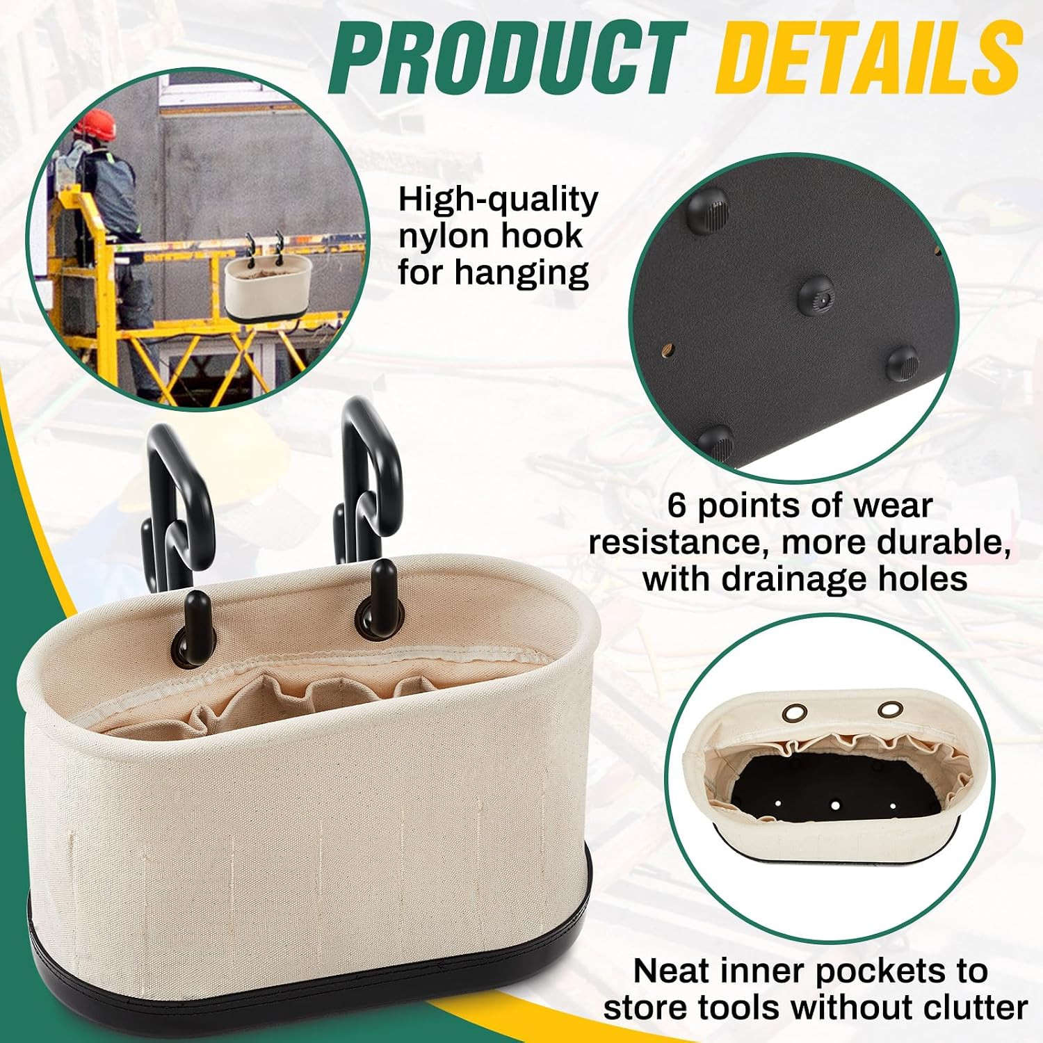 2 Set Canvas Bucket Bag Including Hooks Aerial Oval Tool Bucket with Black Polyp