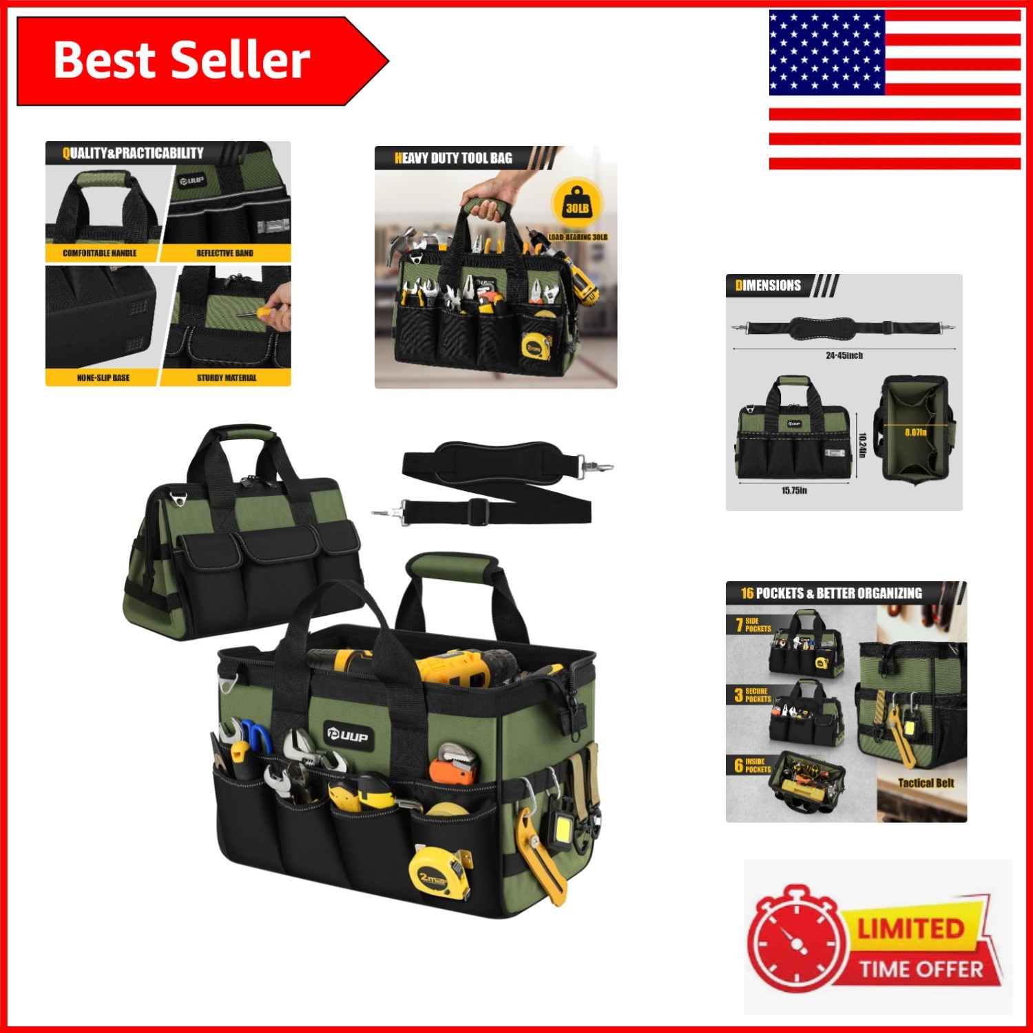 Heavy-Duty 15-Inch Tool Bag – 16 Pocket Organizer, Water-Resistant, Green