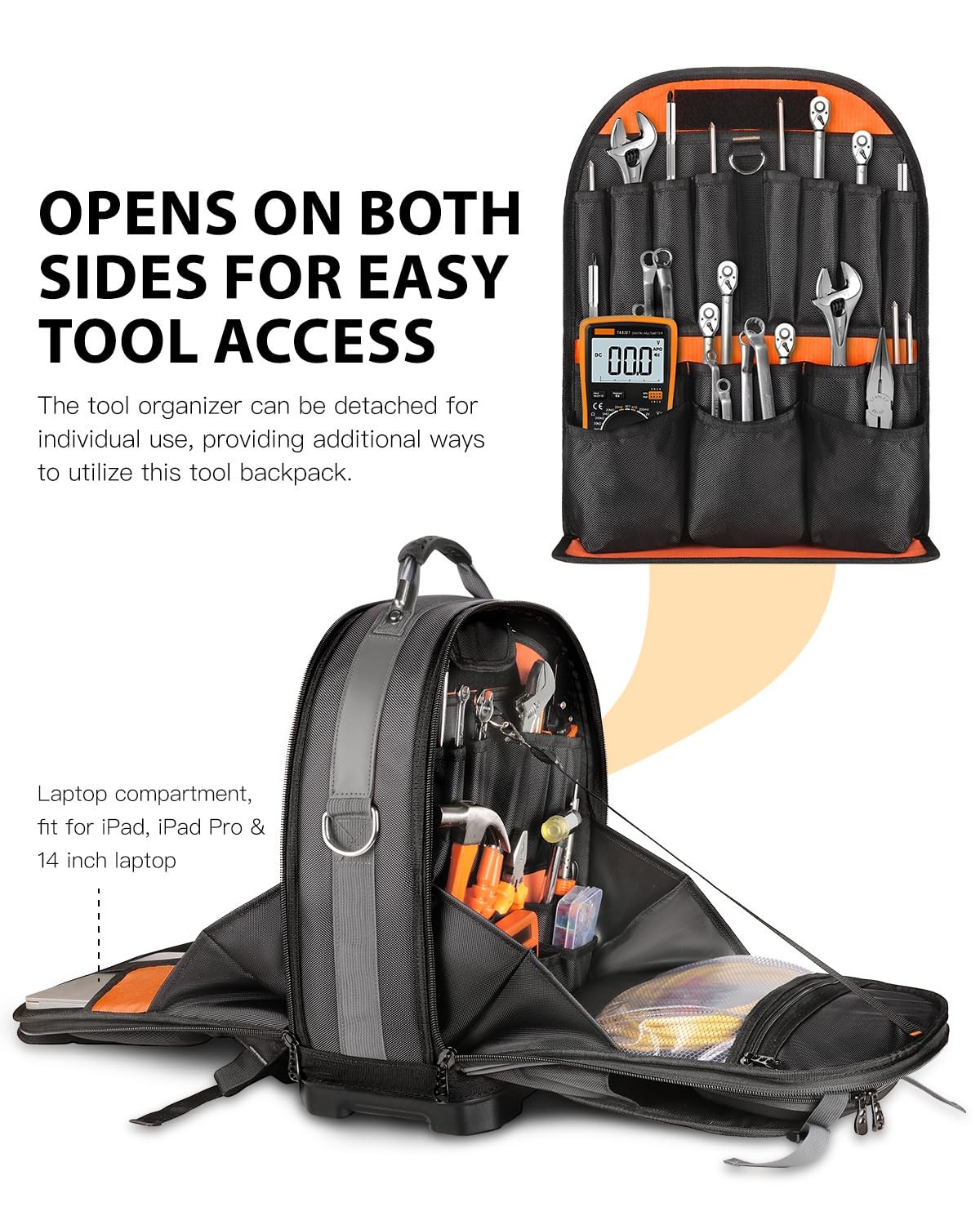 Heavy Duty Tool Backpack, 18-Inch Hard Shell Electrician Tool Bag, Full-Open …