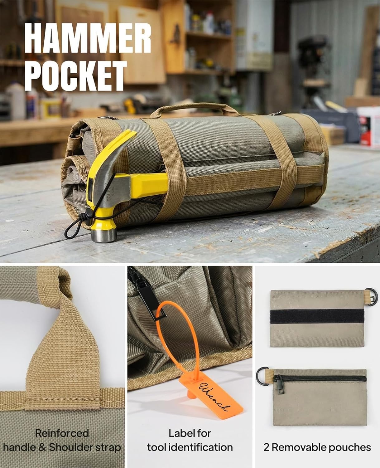 Professional Tool Roll Organizer with Detachable Pouches, Large & Rugged 21.9”