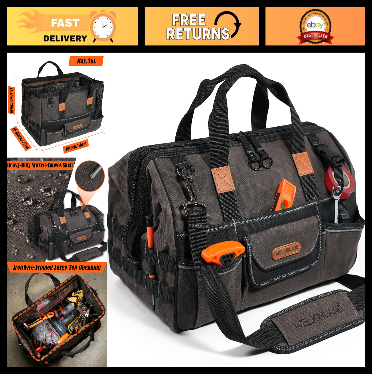 18″ Heavy-Duty Waxed Canvas Tool Bag, 28-Pocket Large-Opening, Quick-Access HVAC