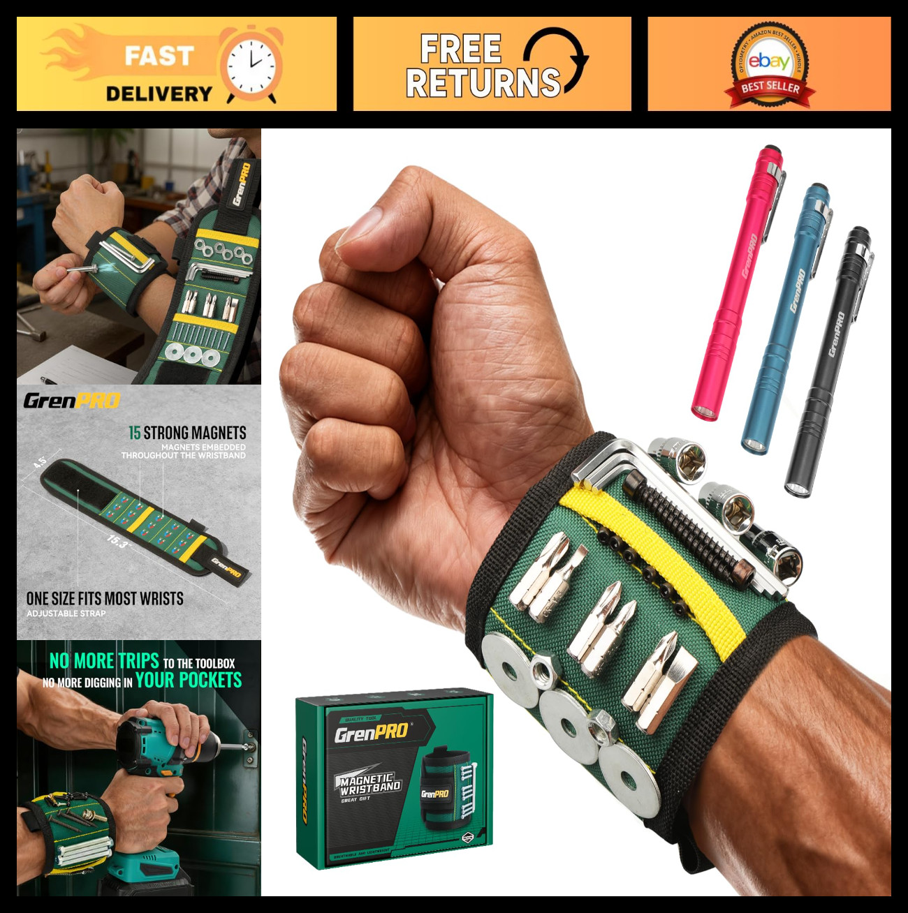 Magnetic Tool Wristband with 3 LED Flashlights, Heavy Duty Oxford Belt for Screw