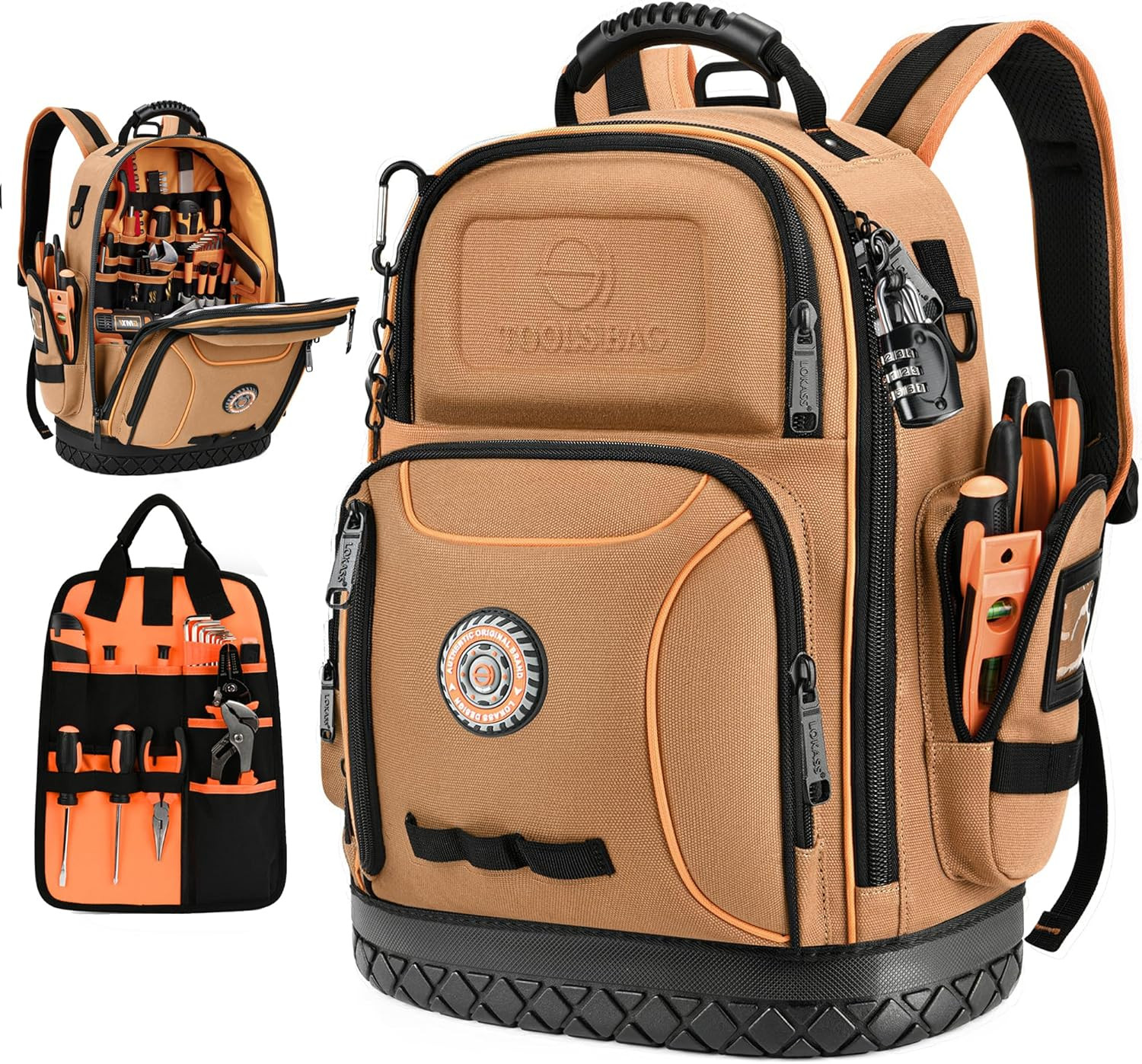 18.1-Inch Heavy-Duty Tool Backpack, 75 Pockets, Brown | 110 Lbs Load Tested, 168