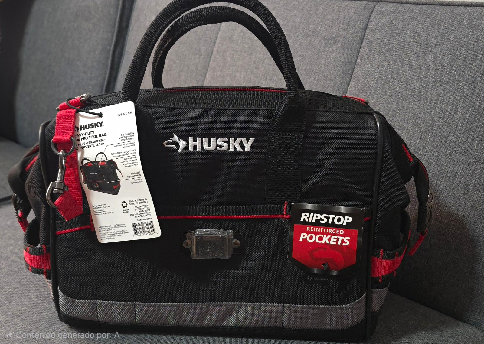 Husky 14 in Heavy-Duty Pro Tool Bag Ripstop Reinforced Pockets Black/Red