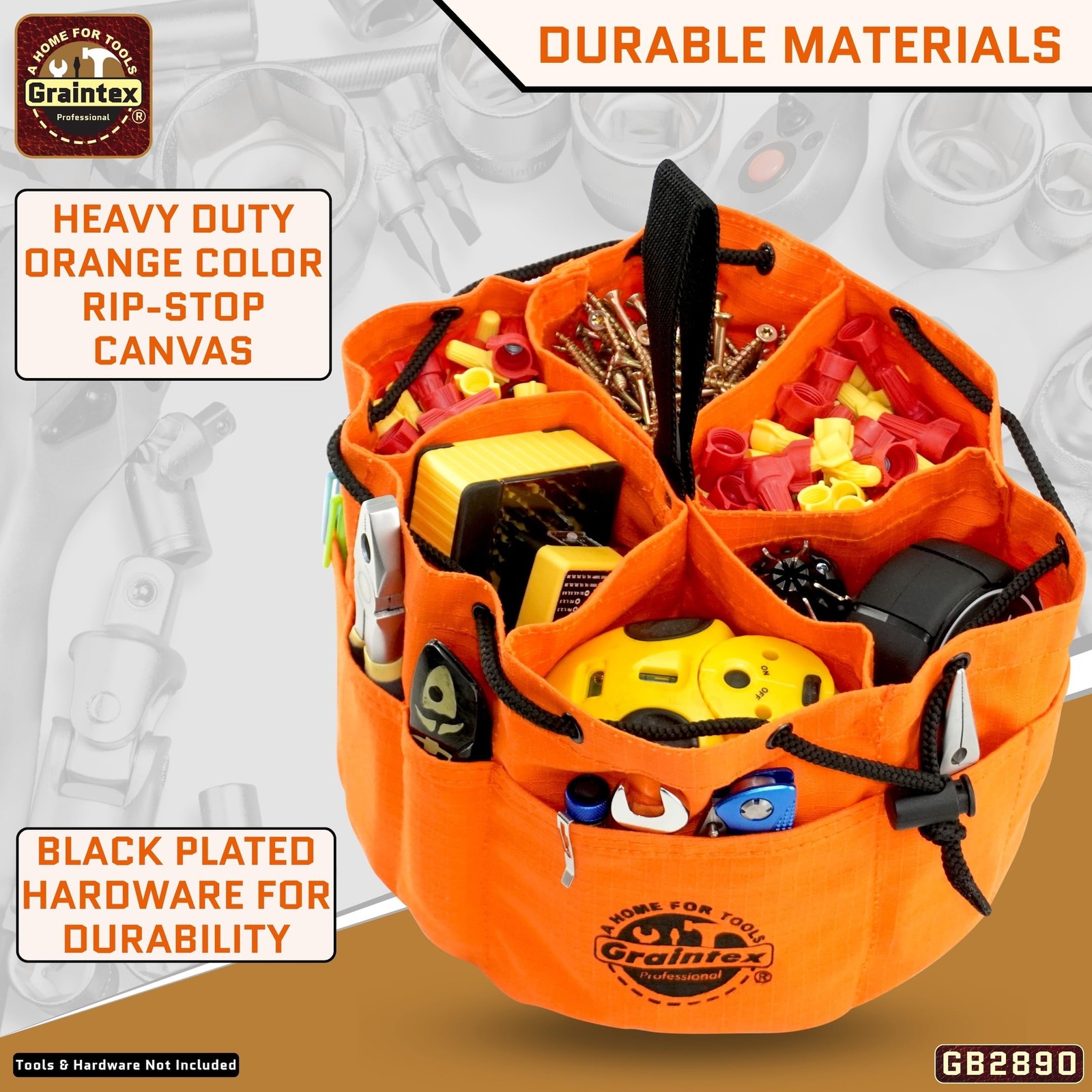 Durable Small Orange Tool Bag with Multiple Pockets and Drawstring Closure