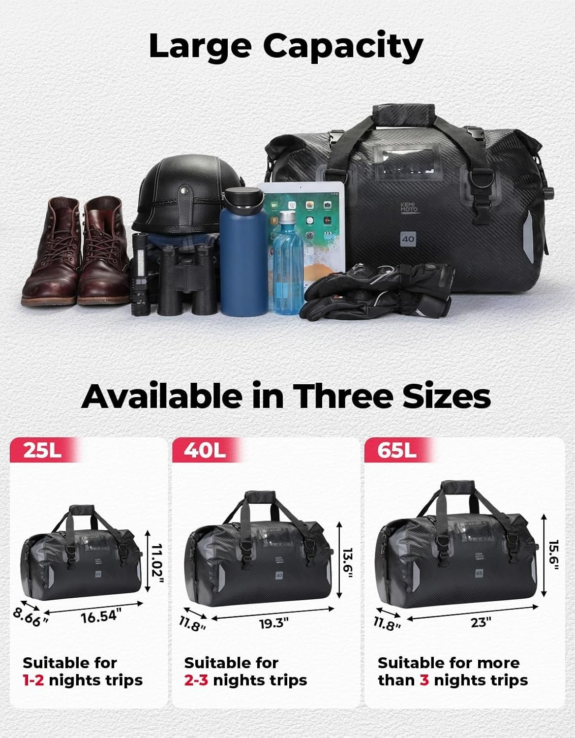 Waterproof Motorcycle Dry Bag – Duffle Tail Bag Soft Luggage, 25L/40L/65L Large
